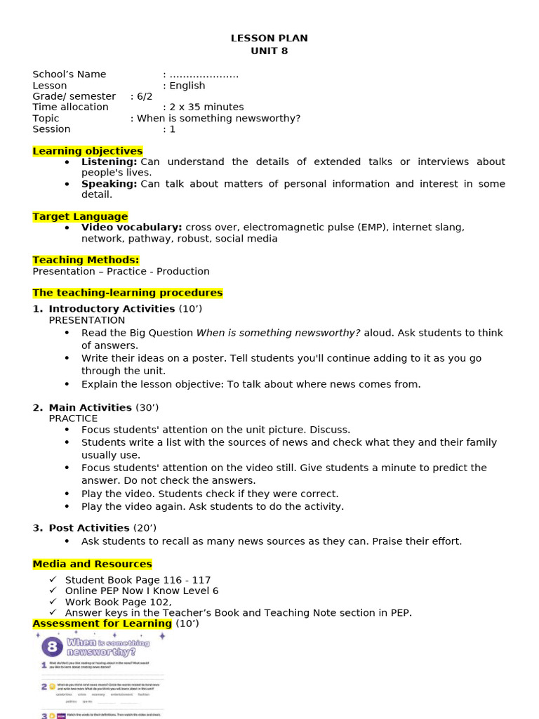 English Lesson Plan | PDF | Teachers | News