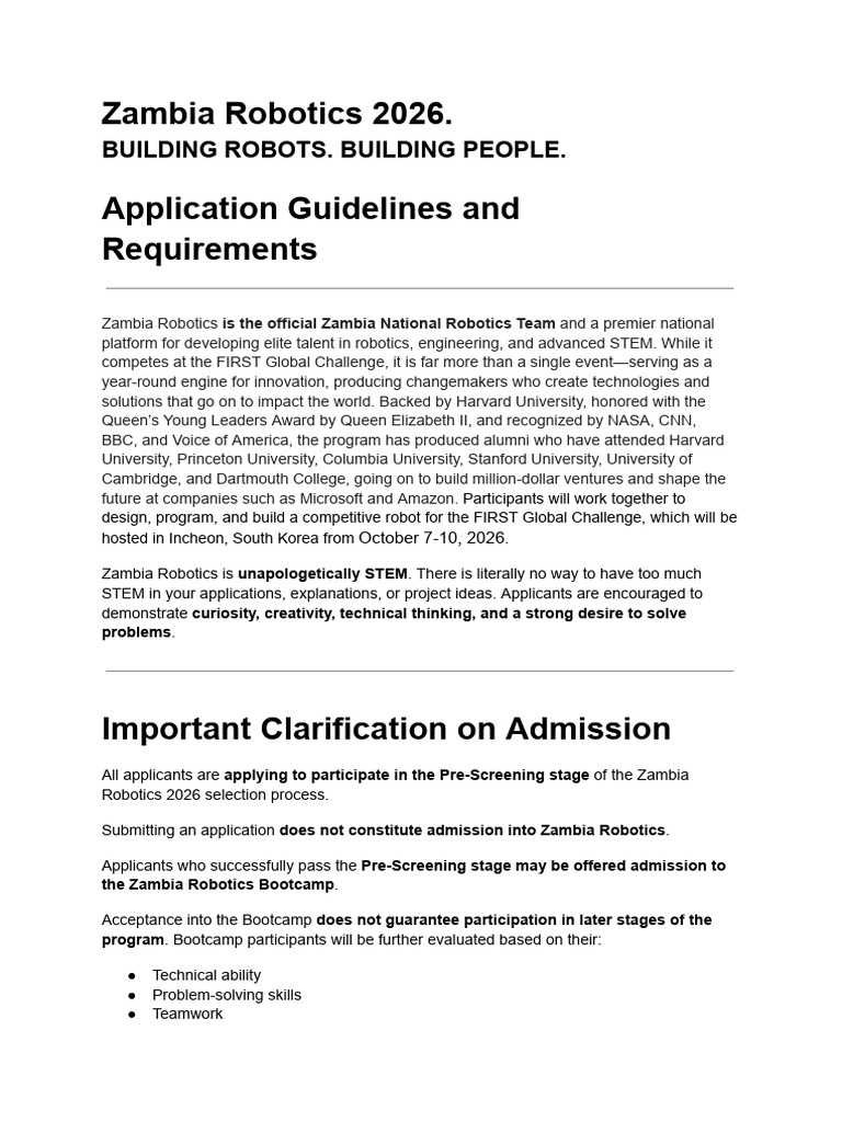 Zambia Robotics 2026 Application Guidelines and Requirements | PDF ...