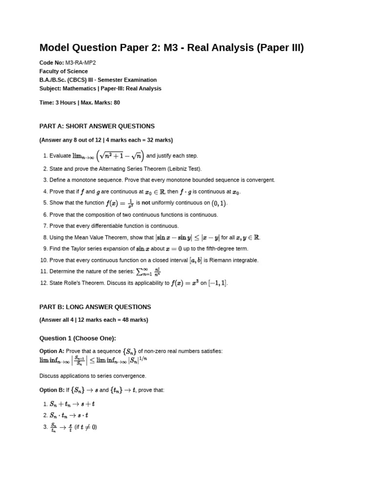 Model Question Paper 2 RealAnalysis | PDF | Real Analysis | Function ...