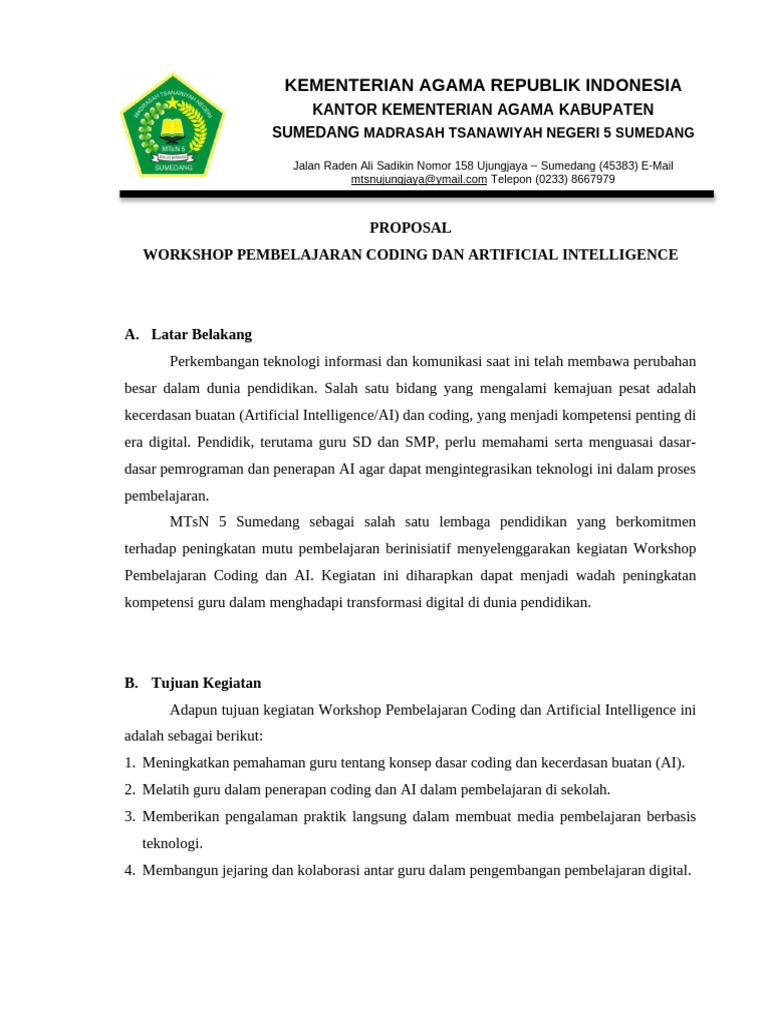 Proposal Workshop Coding Dan AI MTsn5Sumedang | PDF