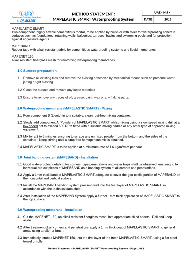 Method Statement - Mapelastic Smart Mapenet 150 | PDF | Cement | Knife