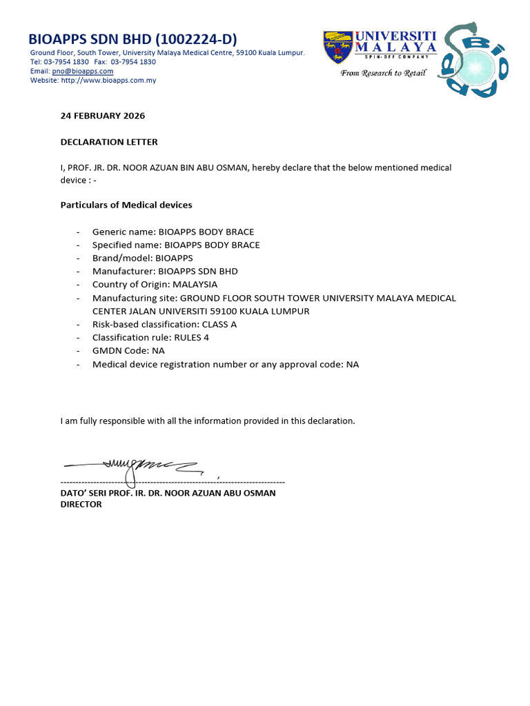 MDA Declaration Letter No Post Market Issues - Body Brace | PDF