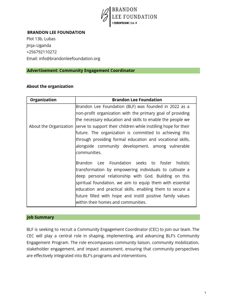 Community Engagement Coordinator -Adverticement.docx | PDF | Community ...