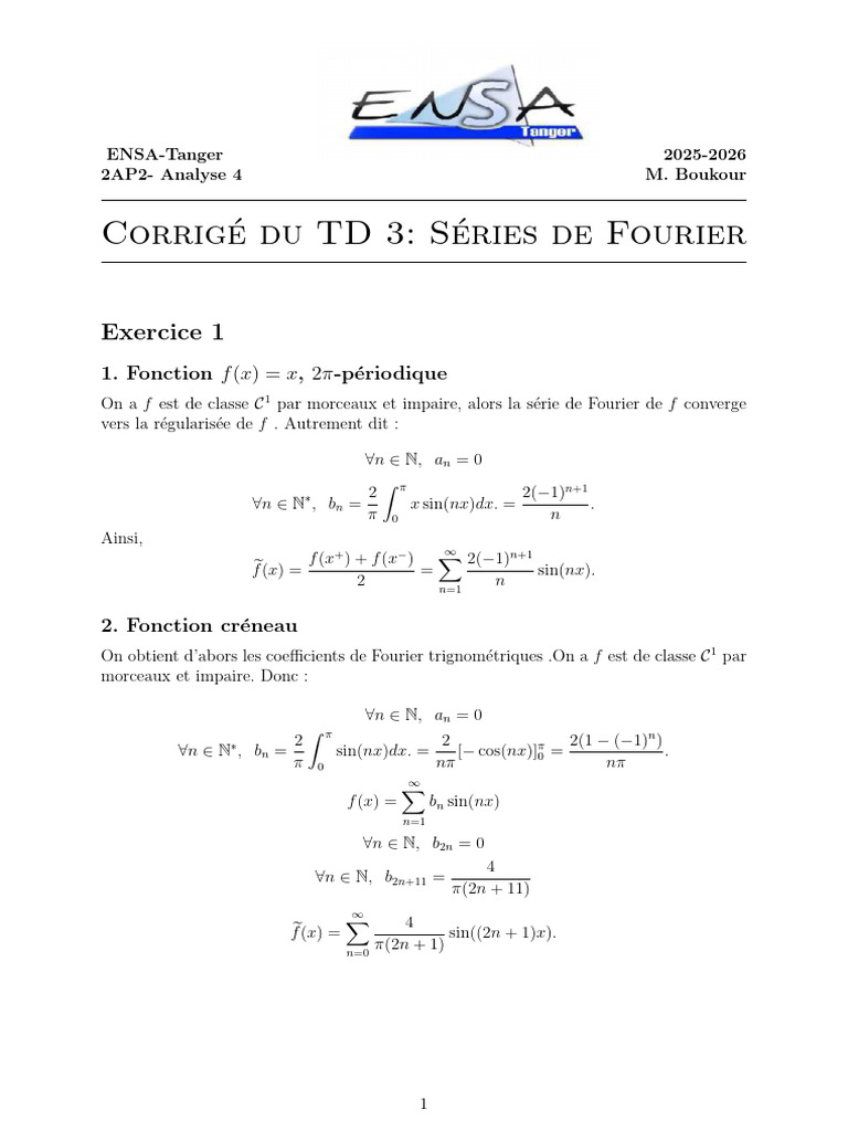 Corrigé Du TD 3 Sur Les Sériesde Fourier - Tex | PDF | Analyse ...