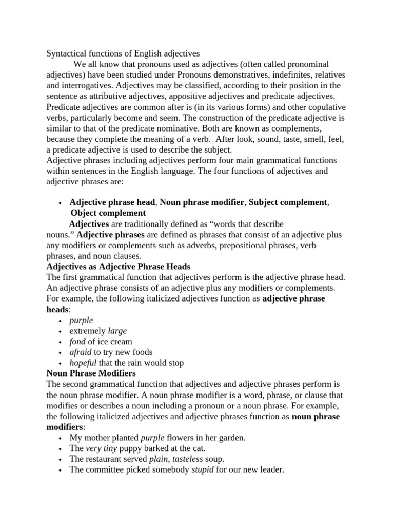 Syntactical Functions of English Adjectives | PDF | Adjective | Phrase