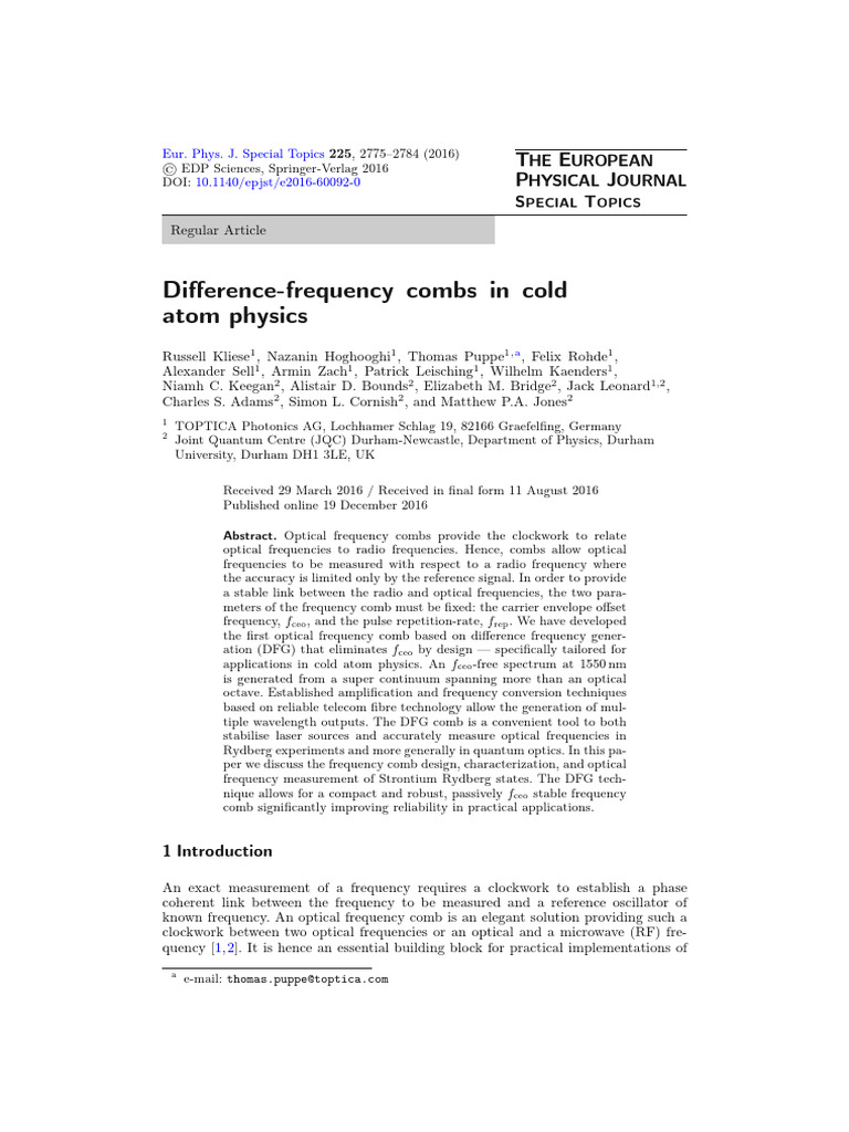 Difference-frequency combs in cold | PDF | Laser | Spectroscopy