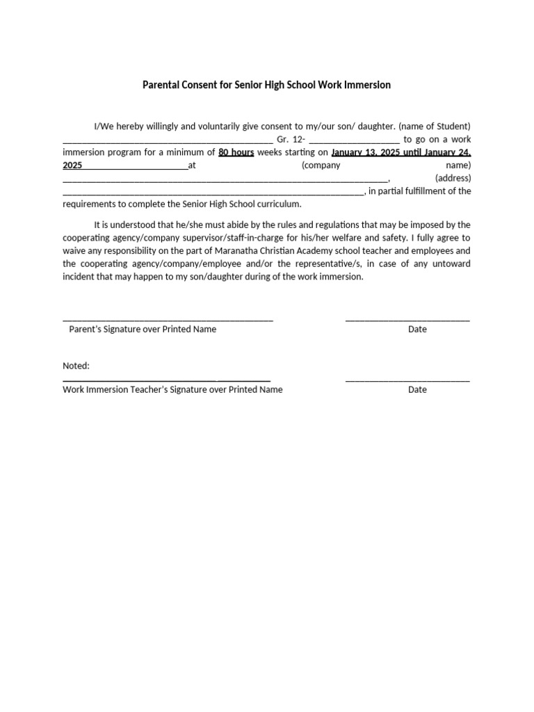 Parental Consent for Senior High School Work Immersion | PDF
