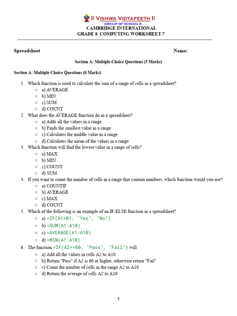Grade 8 Computing Worksheet - 7 With Answerkey | PDF | Spreadsheet | Mean