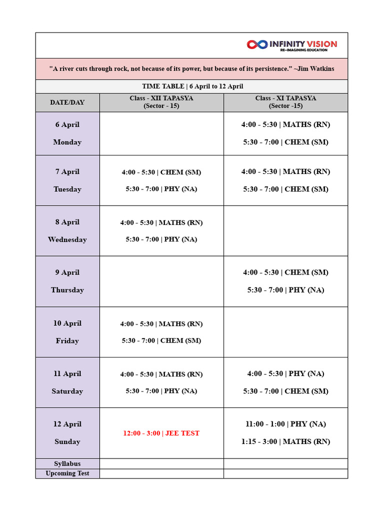 Time Table_6 to 12 April | PDF