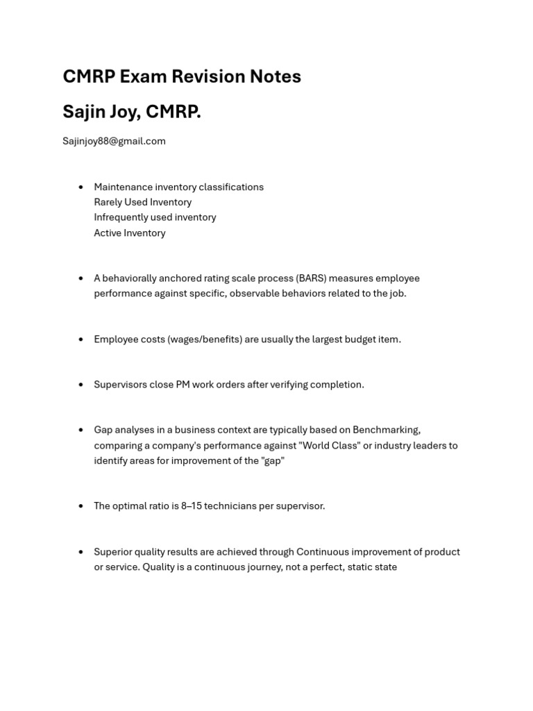 CMRP Exam Revision Notes - Sajin Joy CMRP | PDF | Reliability Engineering