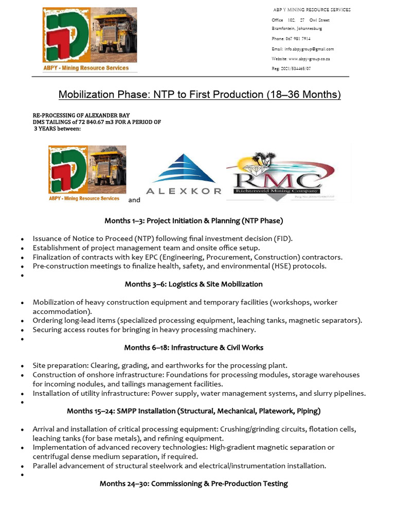 ABPY MINING RESOURCE SERVICES (AMRS) Mobilization Phase for Alexkor RMC ...