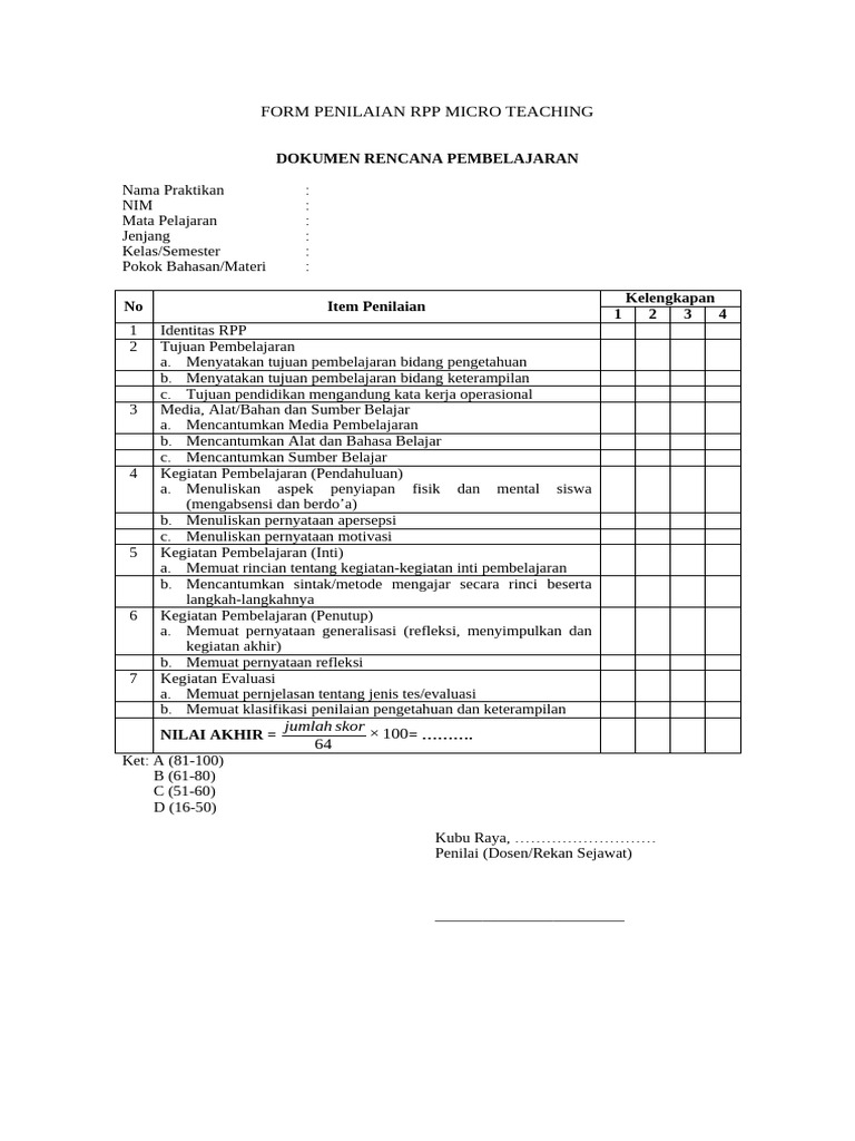 Form Penilaian Micro Teaching RPP | PDF