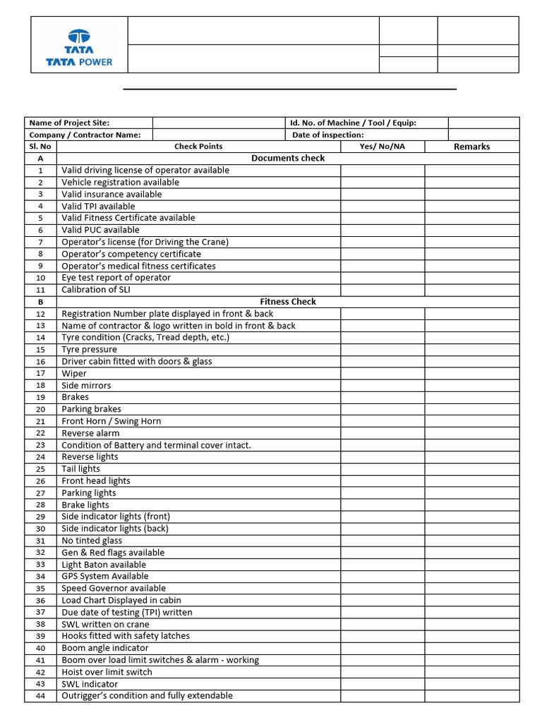 Annexure-26- Pre-Use Inspection Checklist of Crawler Crane, Mobile ...