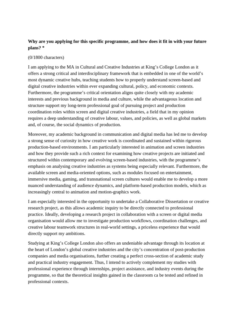 KCL Motivational Letter | PDF | Experience | Human Communication