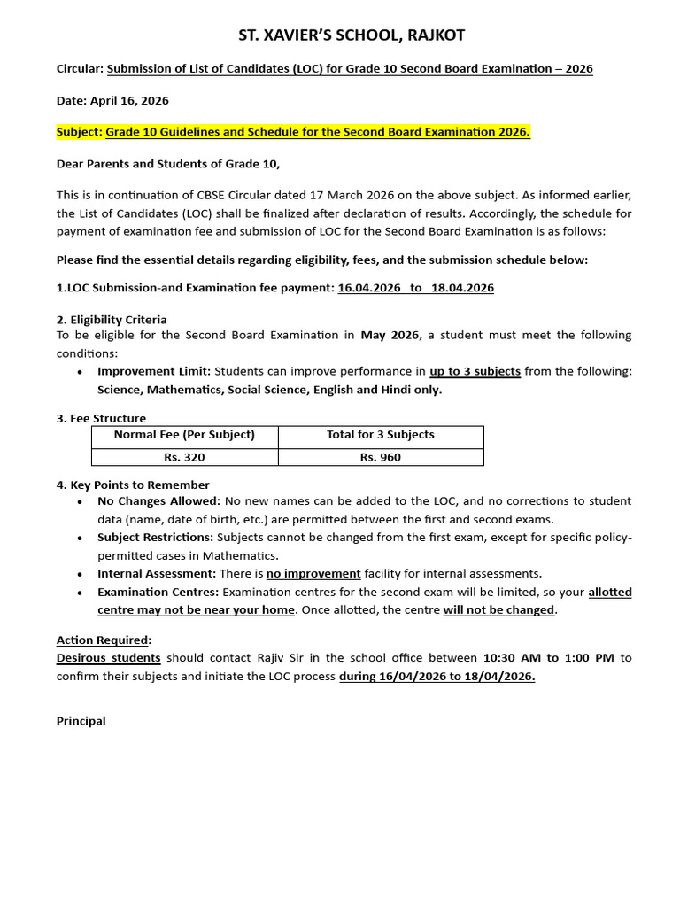 Circular Submission of List of Candidates (LOC) for Class X Second ...