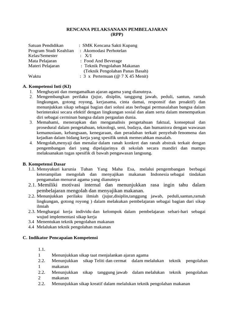 RPP 3.4 Teknik Pengolahan Makanan | PDF