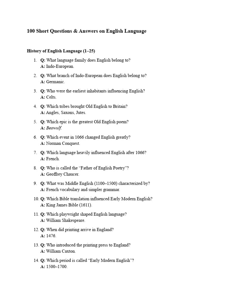 100 Short Questions Answers On English Language | PDF | English ...