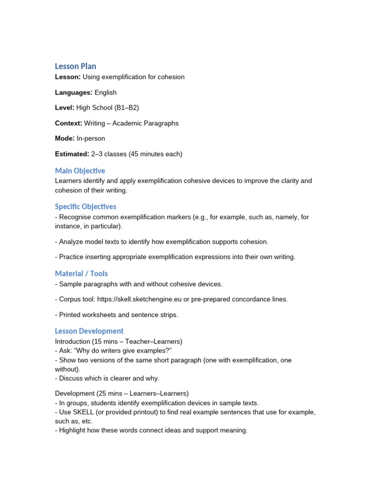 Exemplification Cohesion Lesson Template | PDF