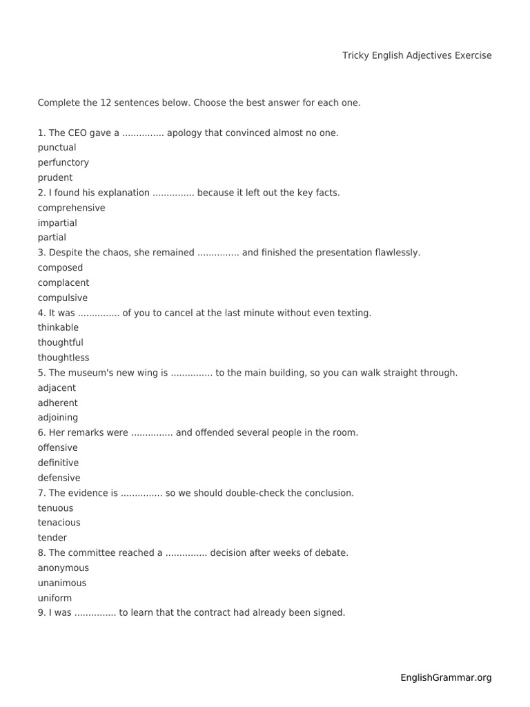 Tricky English Adjectives Exercise | PDF | Chess Theory | Chess