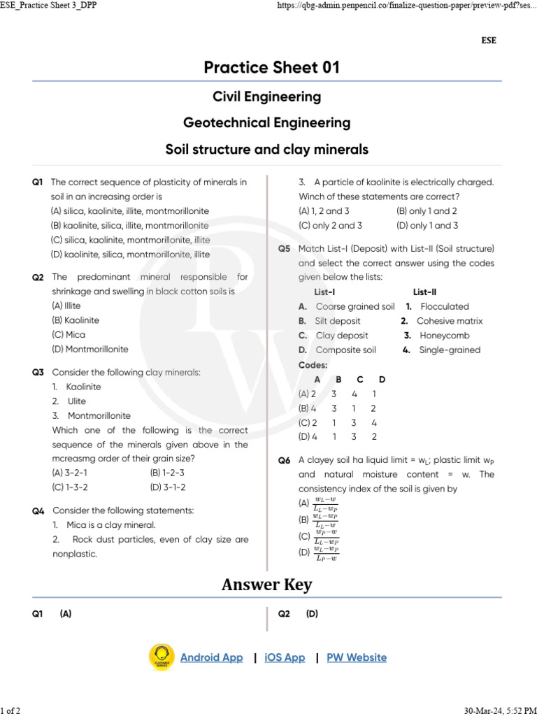 Soil Structure and Clay Minerals _ ESE _ Practice Sheet 01 | PDF | Clay ...
