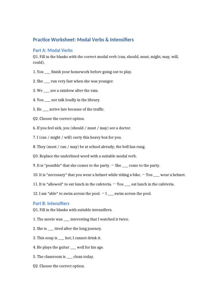 Modal Intensifiers Worksheet | PDF