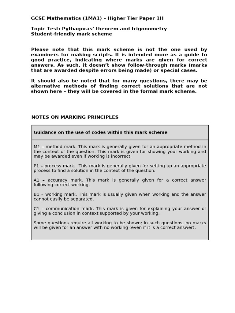GCSE Topic Tests 1H - Pythag and Trig Mark Scheme | PDF