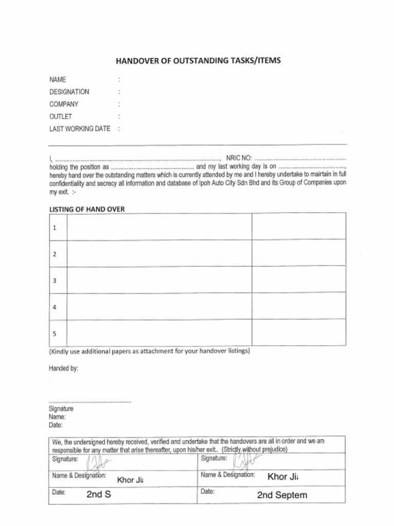 Handover Form | PDF
