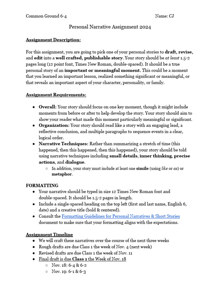 CJ's Personal Narrative Dfrat Assignment 2024 | PDF | Narrative | Text