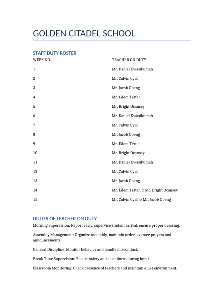 Teacher Duty Roster | PDF