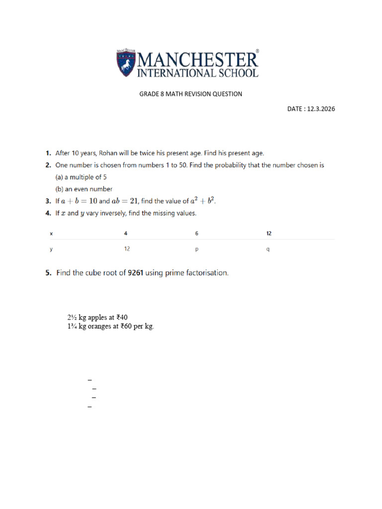 Grade 8 Math Revision Question (1) | PDF