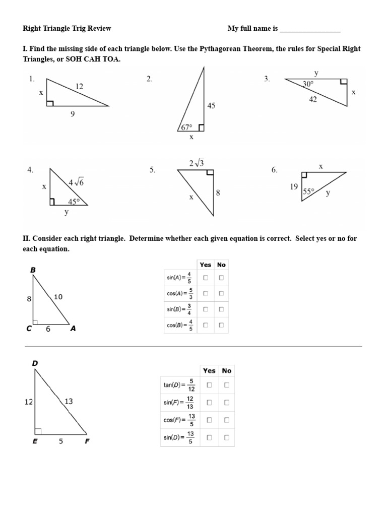 Right Triangle Trig Review | PDF