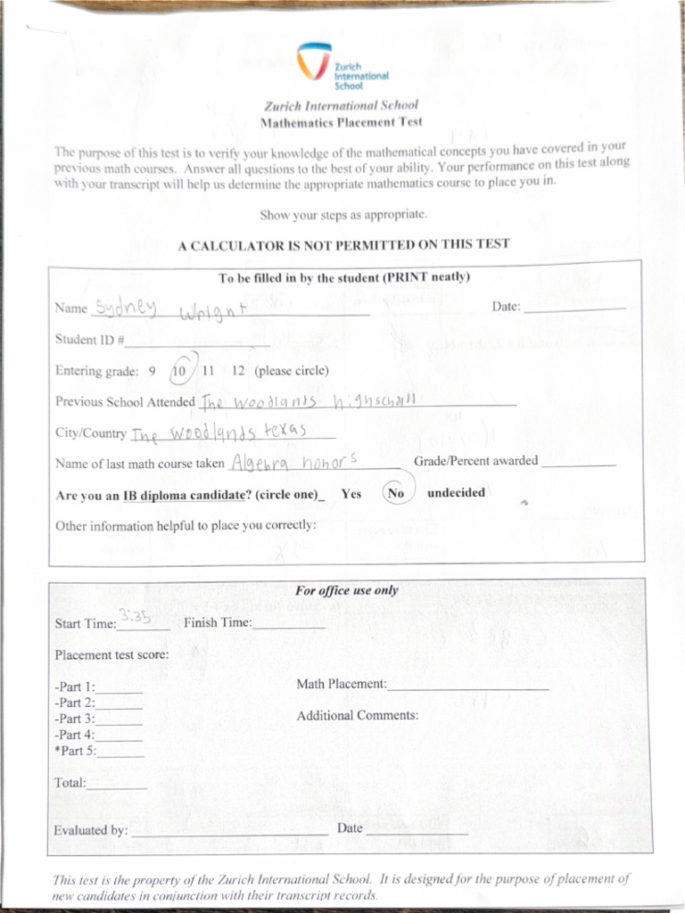 Zurich International School Mathematics Placement Test | PDF