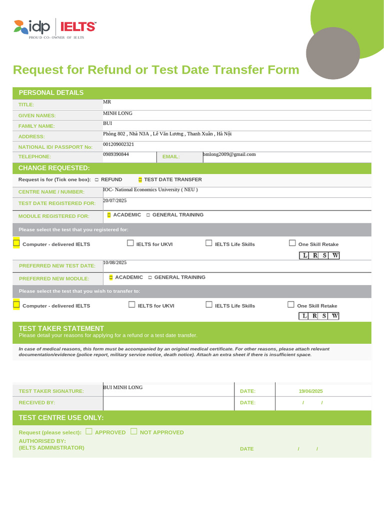 IELTS Request-Refund Test-Date-Transfer Form OSR-2 (1) (1) | PDF
