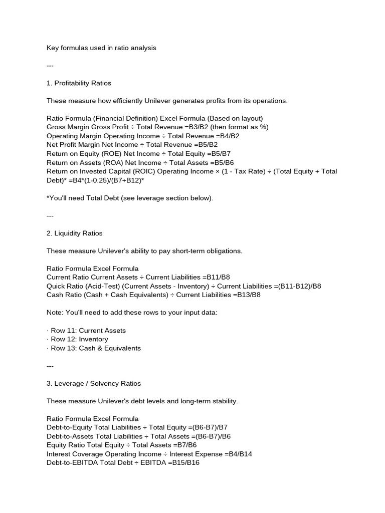 Key formulas used in ratio analysis | PDF | Revenue | Equity (Finance)