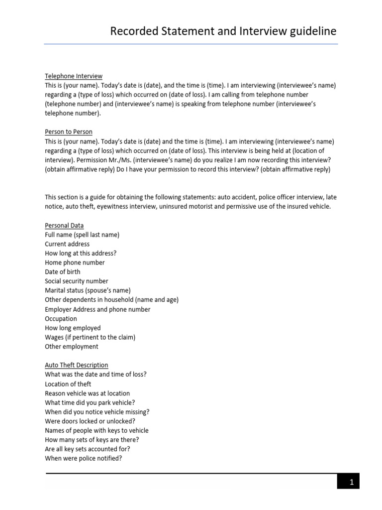 Recorded Statement and Interview Guideline - Handout | PDF | Insurance ...