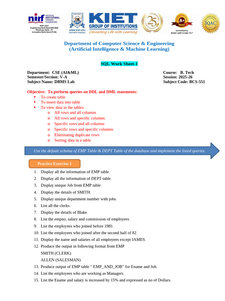 SQL Work Sheet 1 2025 26 M | PDF | Table (Database) | Sql