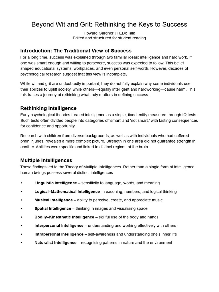 Beyond Wit and Grit- Speech Summary-1 | PDF