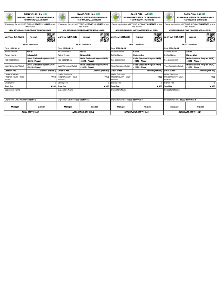 Bank Challan HBL — MUET Ref_ 506639 | PDF | Money