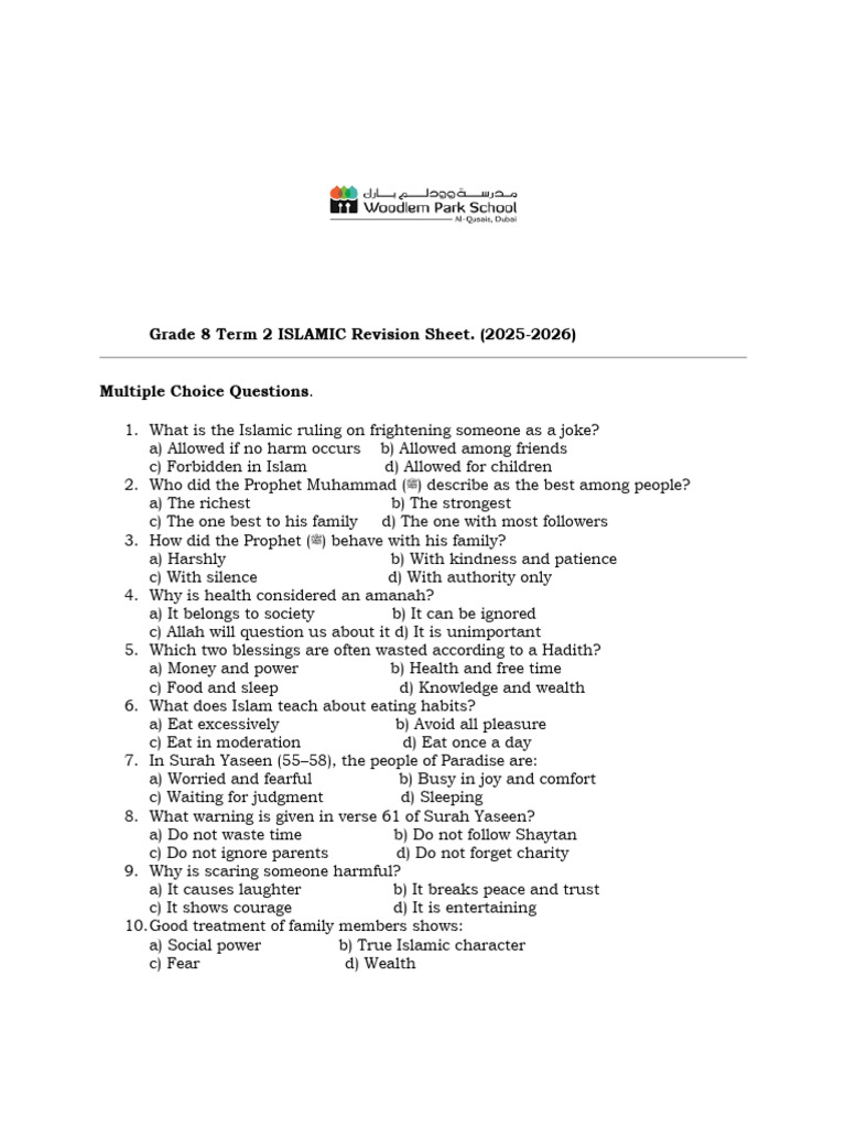Grade 8 Term 2 ISLAMIC Revision Sheet | PDF | Muhammad | Abrahamic ...