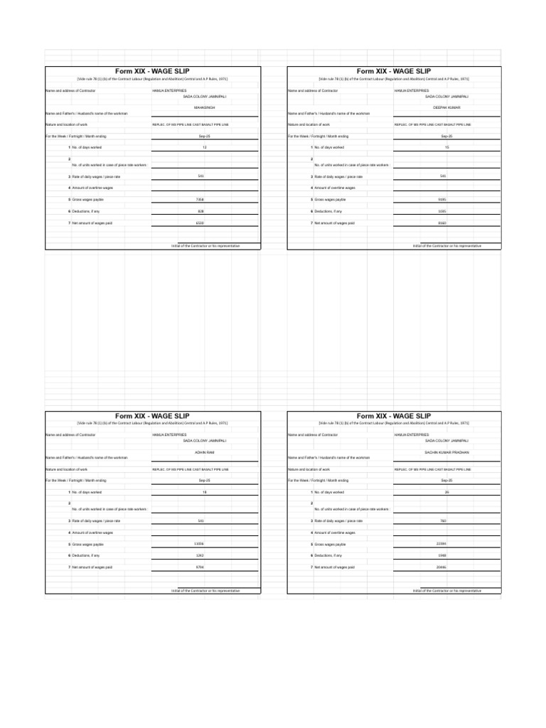 Form Xix - Wage Slip Sept 25 | PDF | Employment | Overtime