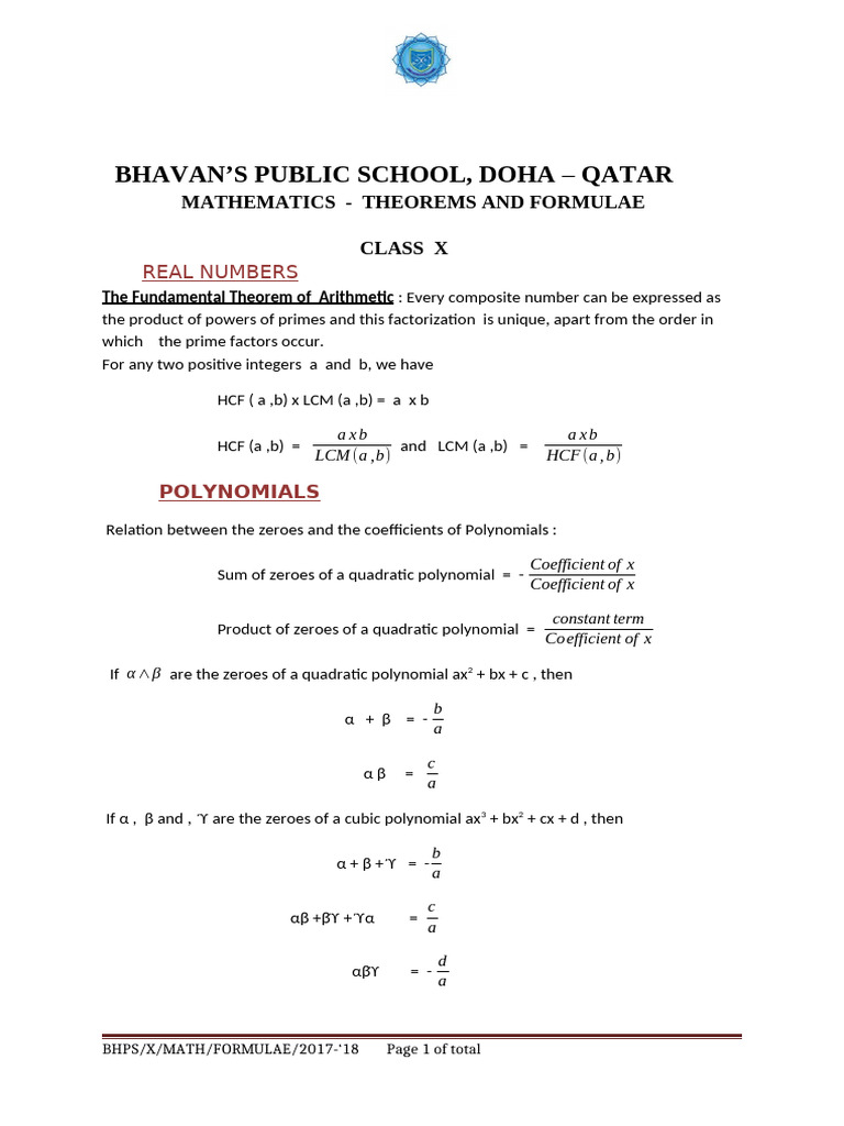 Class 10 Maths Formula Sheet | PDF | Trigonometry | Polynomial