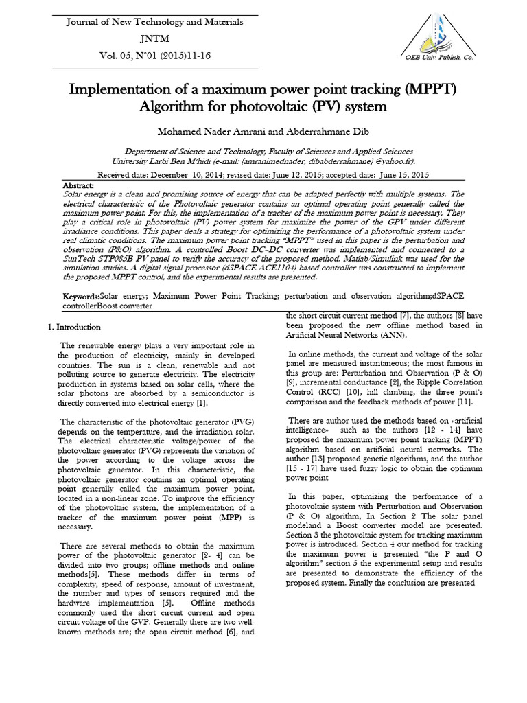 Implementation of a Maximum Power Point Tracking (Mppt) Algorithm for ...
