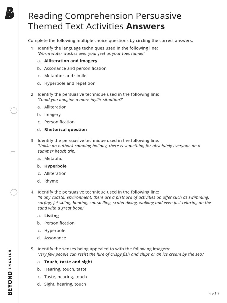 Reading Comprehension Persuasive Themed Text Activities Answers | PDF ...