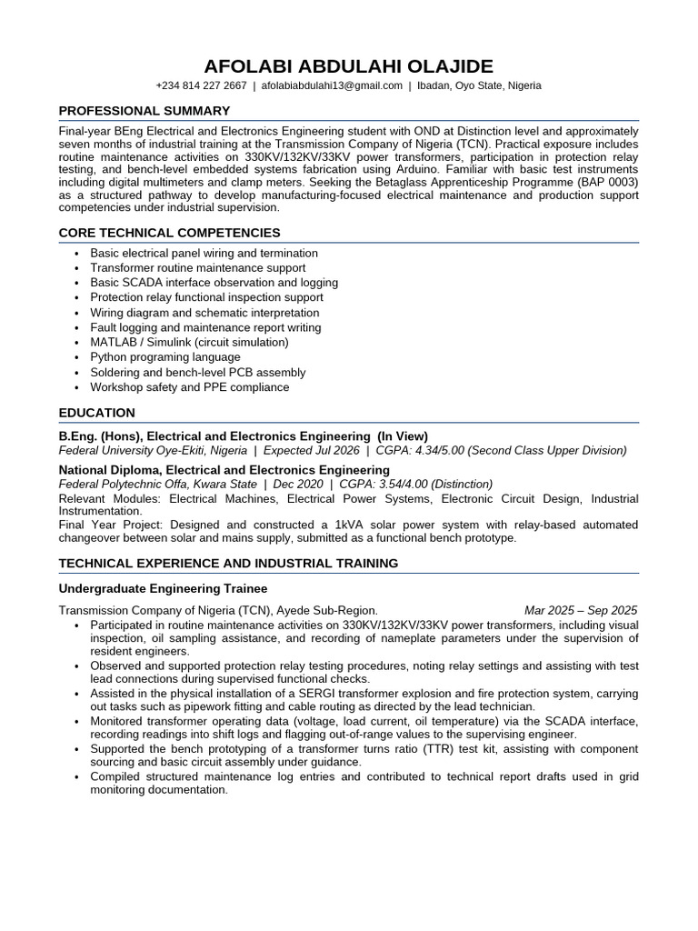 Afolabi Abdulahi Olajide BAP Resume | PDF | Relay | Electronic Engineering
