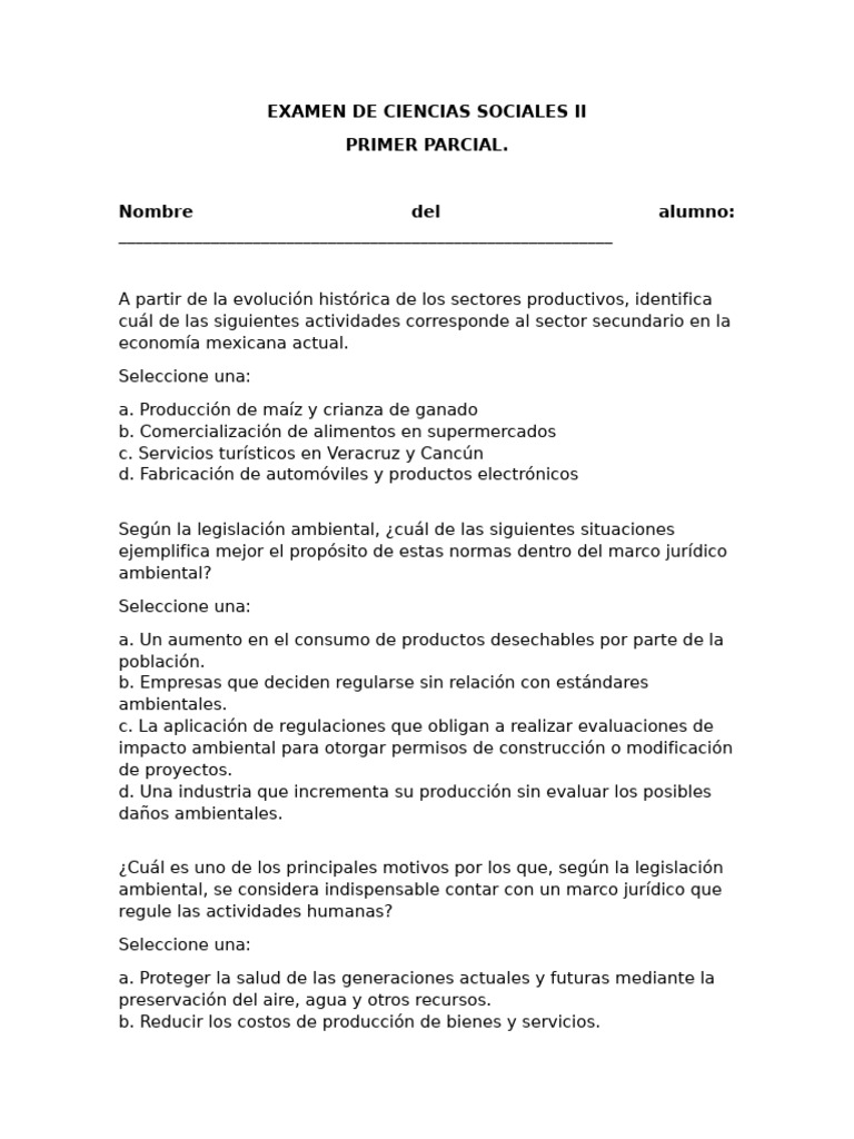 Examen de Ciencias Sociales II | PDF | Entorno natural | Ley del Medio ...
