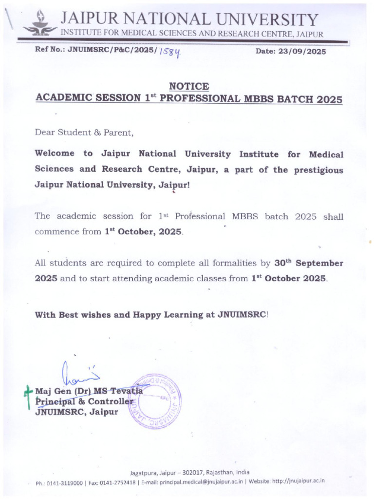 Academic Session 1st Professional MBBS Batch 2025 Wef 1 October 2025 | PDF
