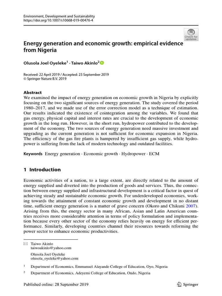 Energy Generation and Economic Growth em | PDF | Economic Growth ...