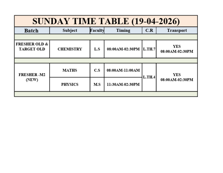 Sunday Time Table 19-04-2026 | PDF