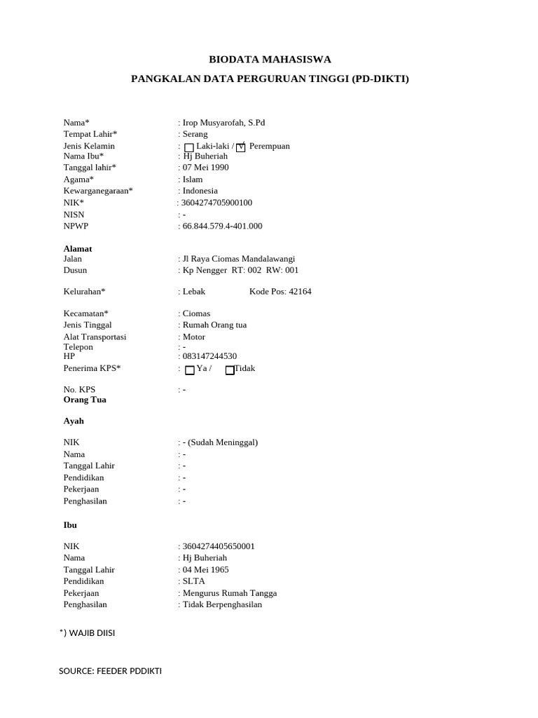 Form Biodata Lapor Diri PDPT PD Dikti | PDF