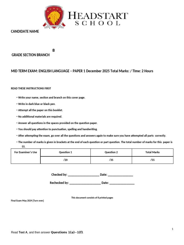 Eng-Grade 8-Paper 1 | PDF | Writing
